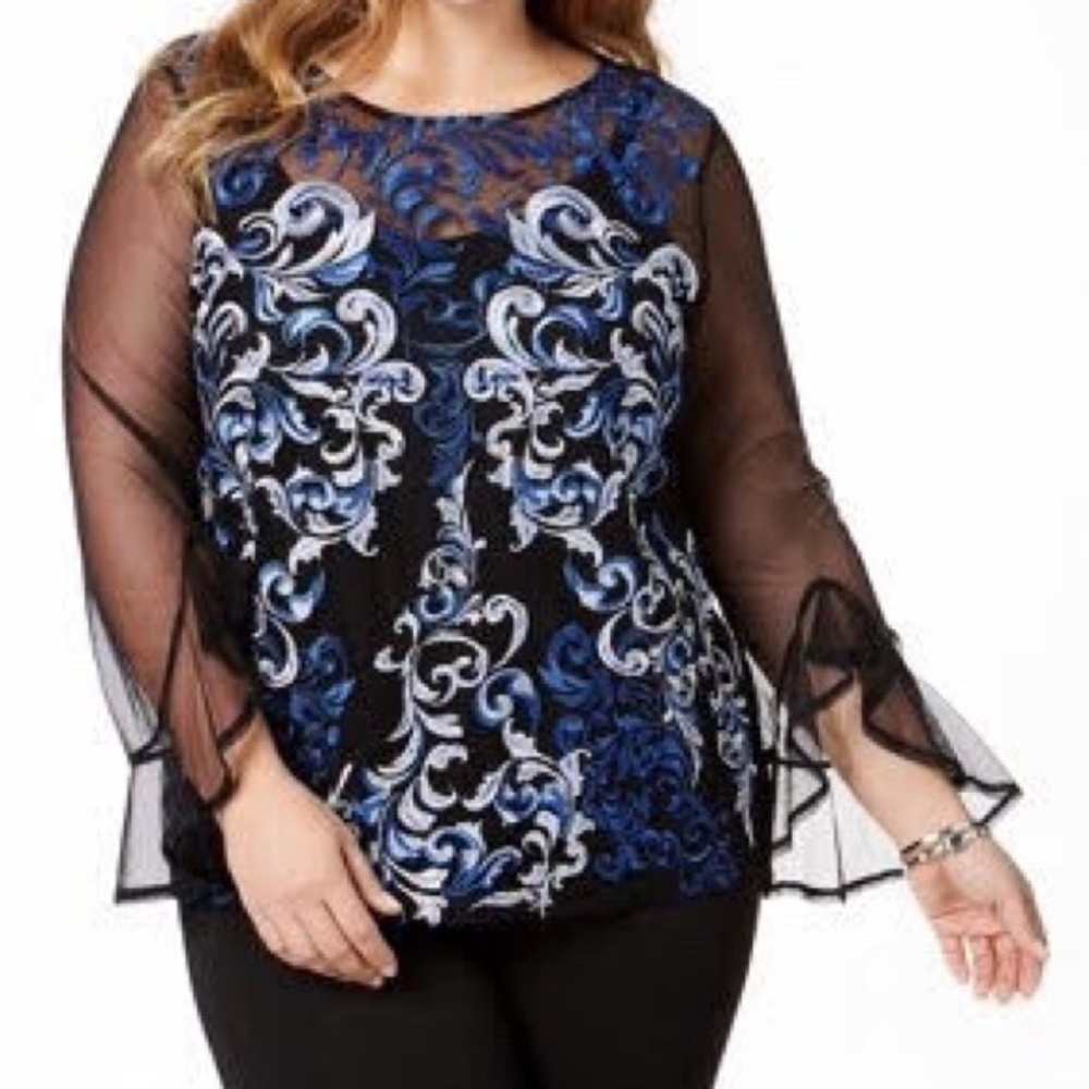 INC International Concepts Embroidered Mesh Ruffle-Sleeve Black / Blue Size L